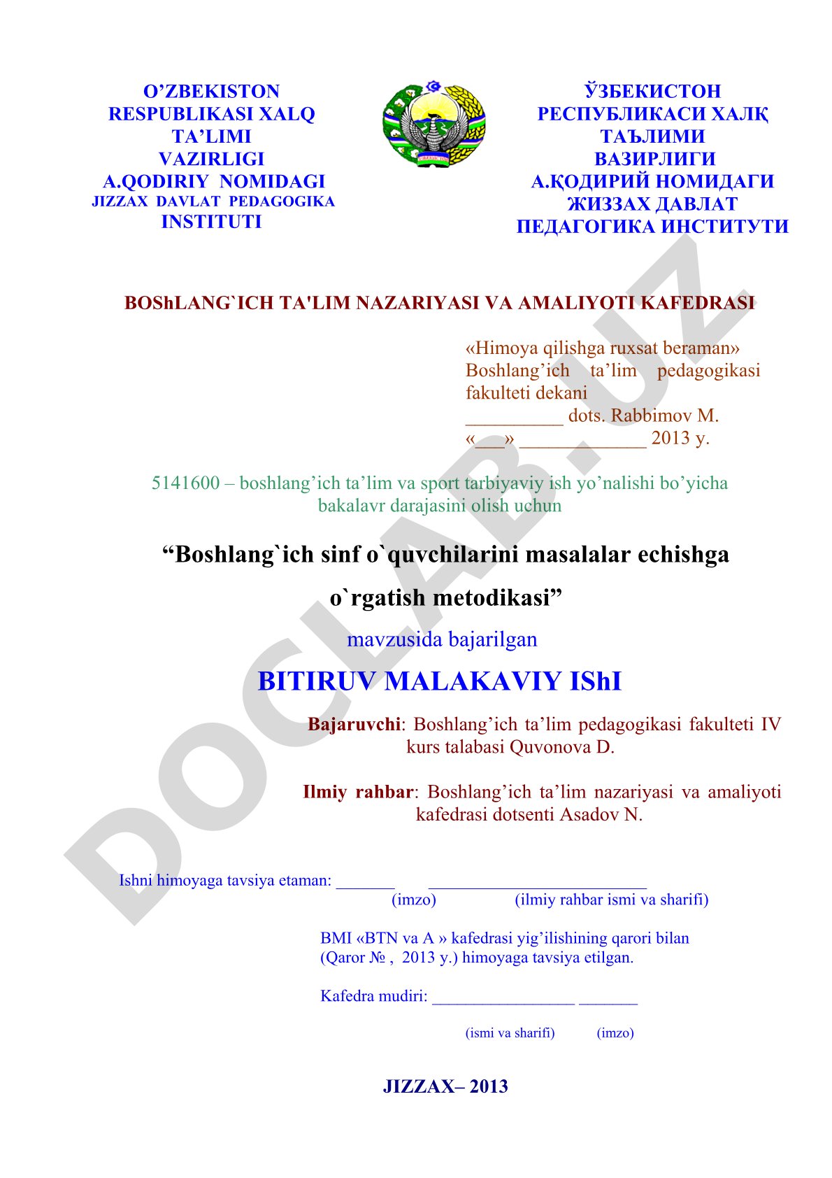 Boshlang'ich sinf o'quvchilarini masalalar echishga o'rgatish metodikasi