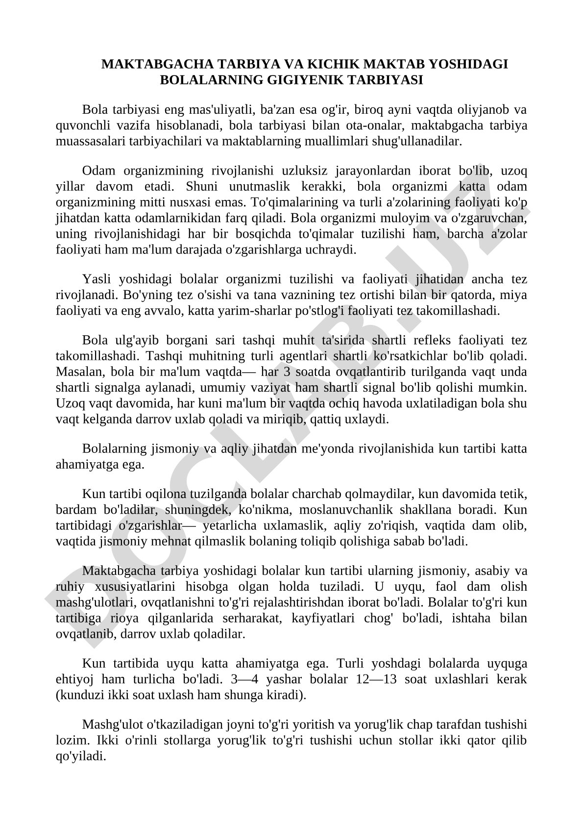 Maktabgacha tarbiya va kichik maktab yoshidagi bolalarning gigiyenik tarbiyasi