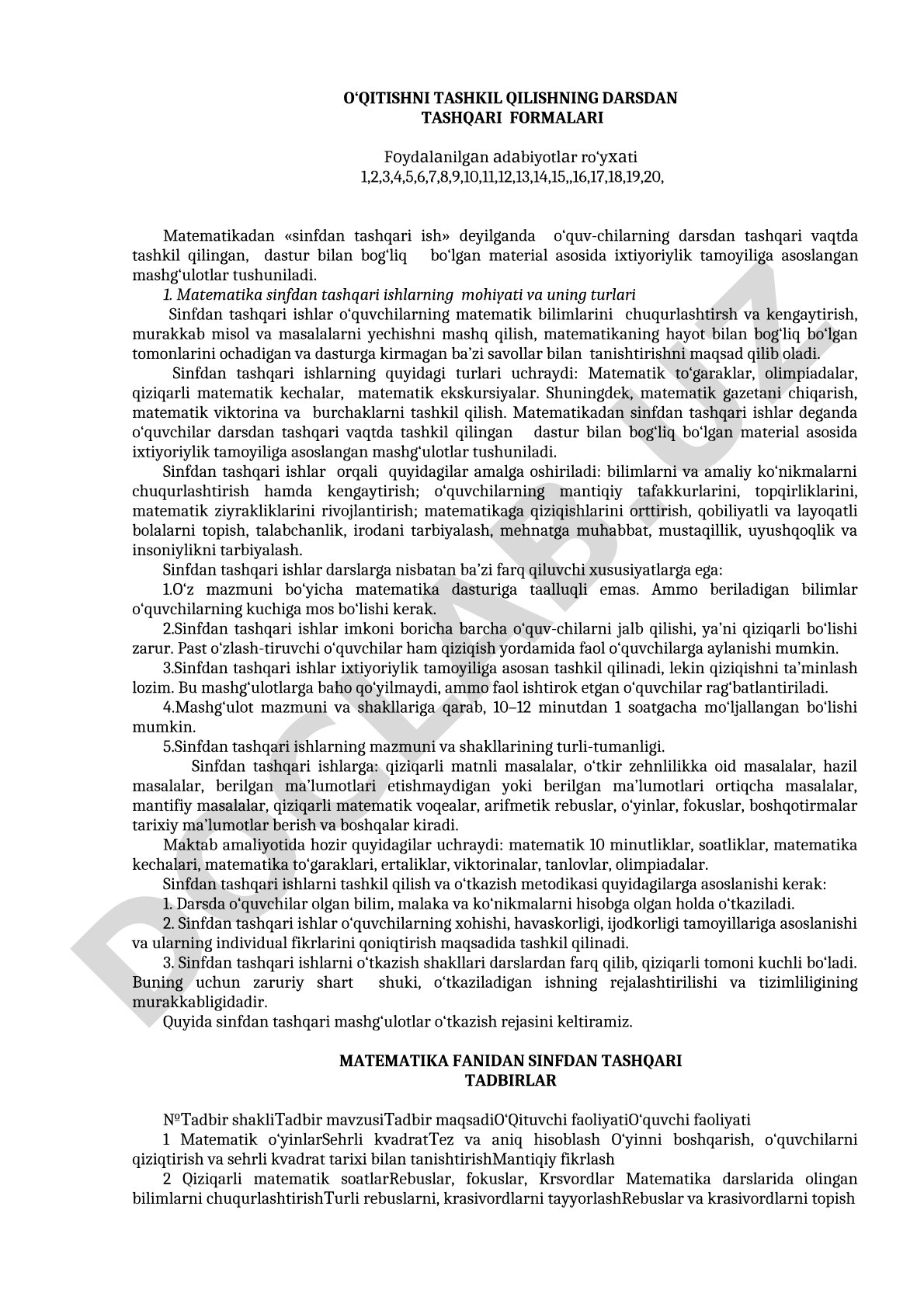 O‘qitishni tashkil qilishning darsdan tashqari formalari