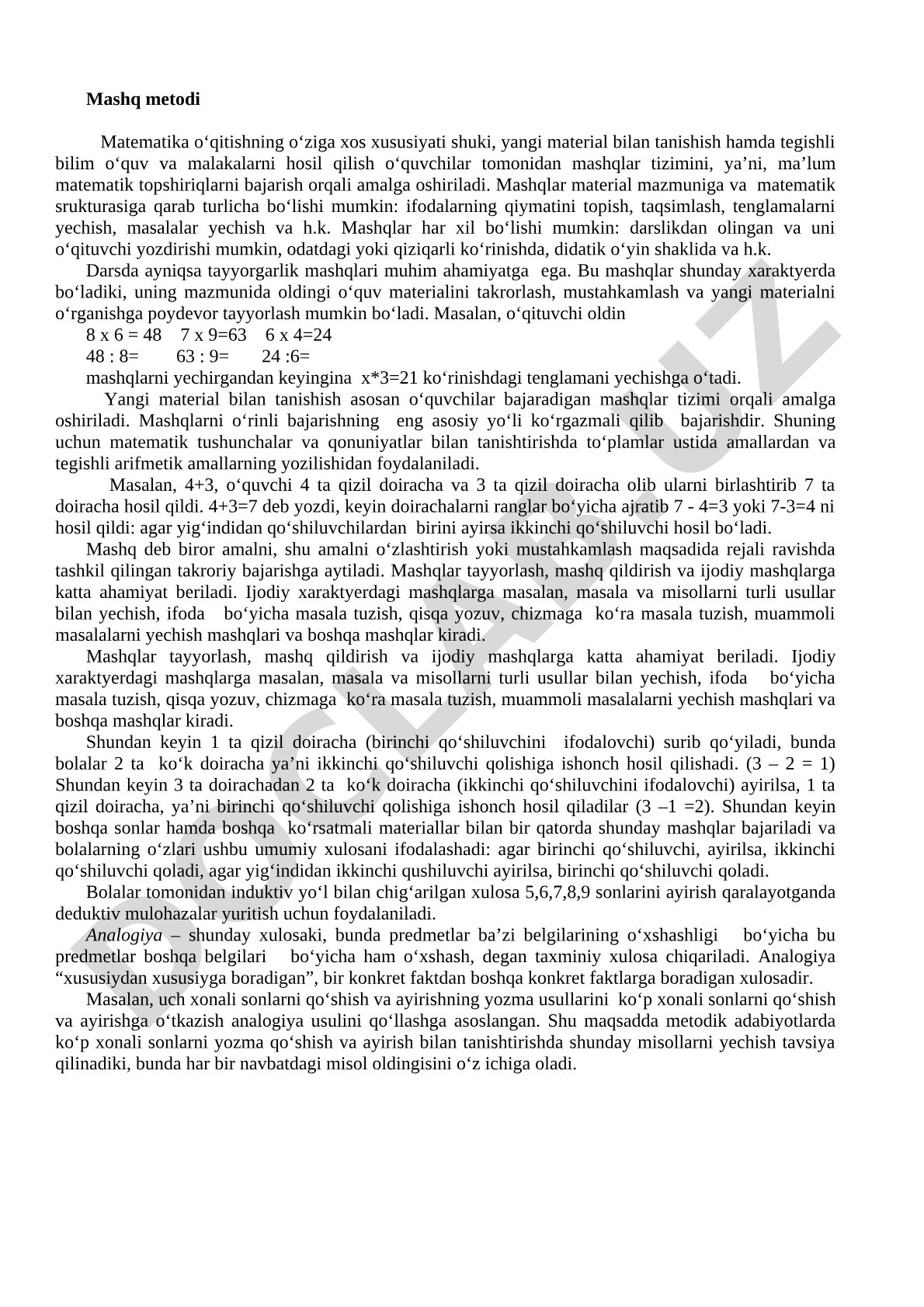 Mashq metodi Matematika o‘qitishning o‘ziga xos xususiyati