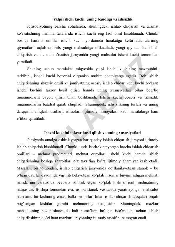 Yalpi ishchi kuchi, uning bandligi va ishsizlik