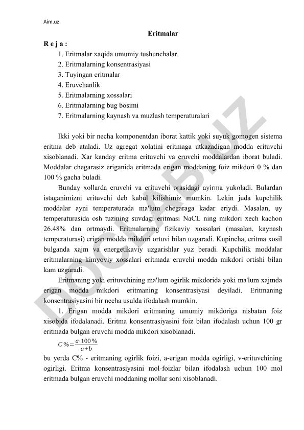 Eritmalar xaqida umumiy tushunchalar va xossalari