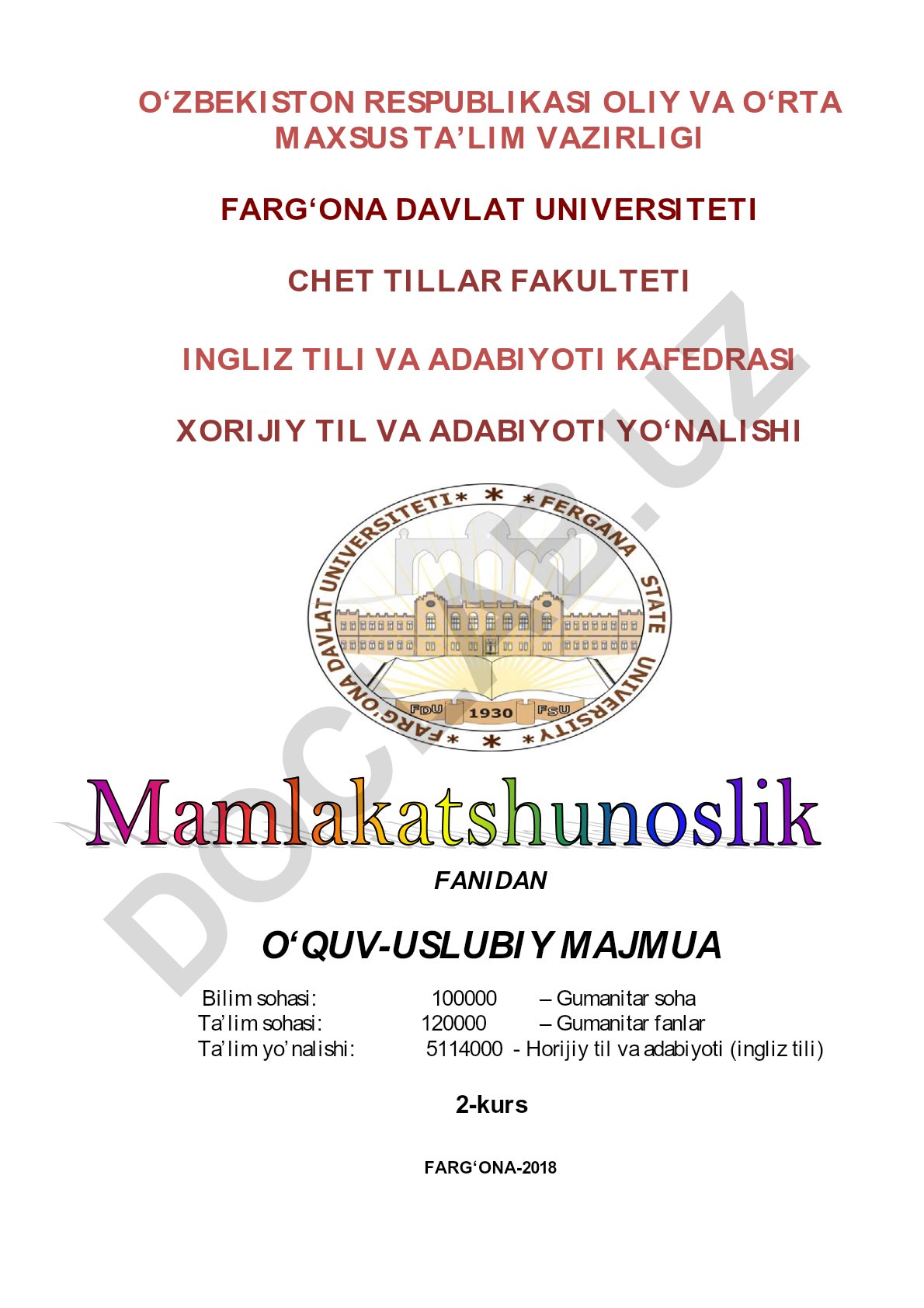 Chet tillar fakultetlari uchun mamlakatshunoslik fanidan o'quv-uslubiy majmua