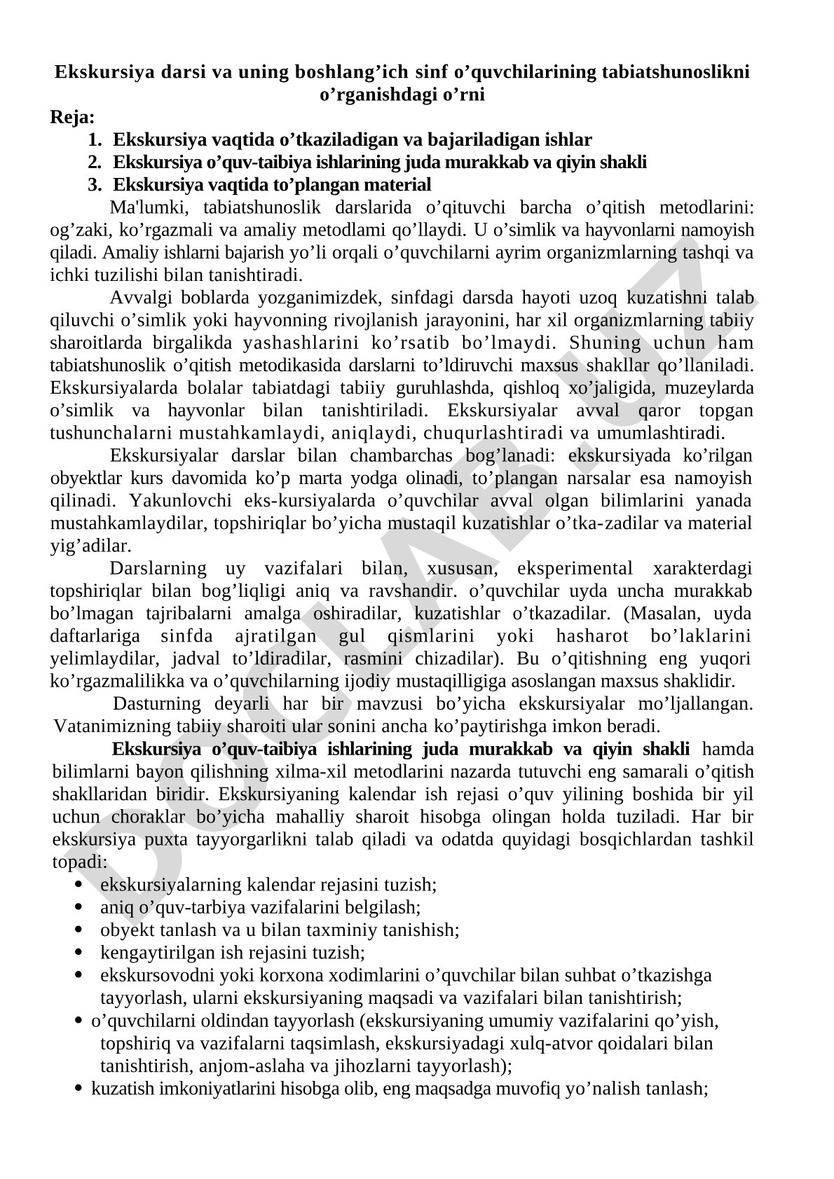Ekskursiya darsi va uning boshlang'ich sinf o'quvchilarining tabiatshunoslikni o'rganishdagi o'rni