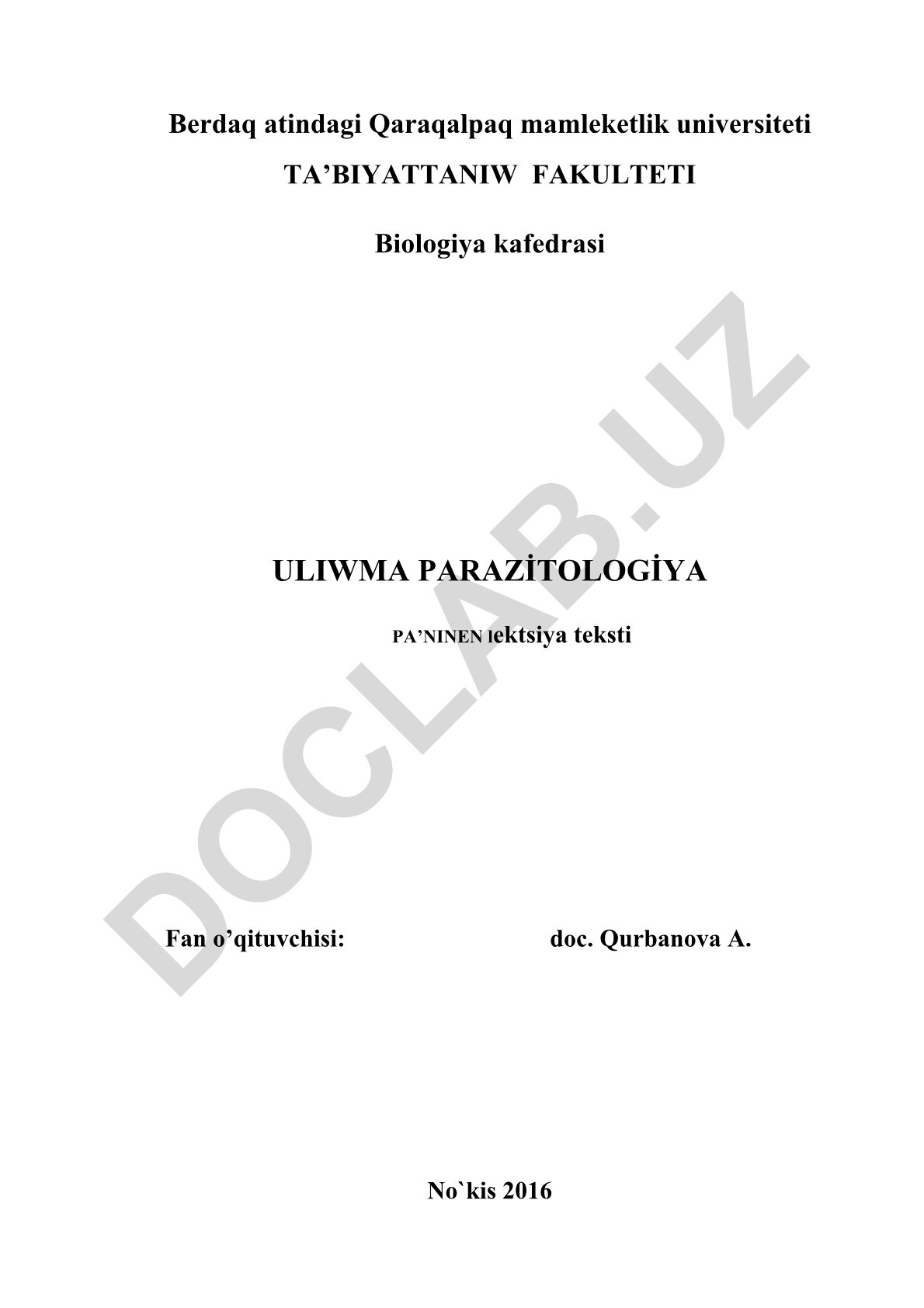 Parazitologiya paninin qisqasha rawajlaniw tariyxi ha'm parazitizm tu'sinikleri