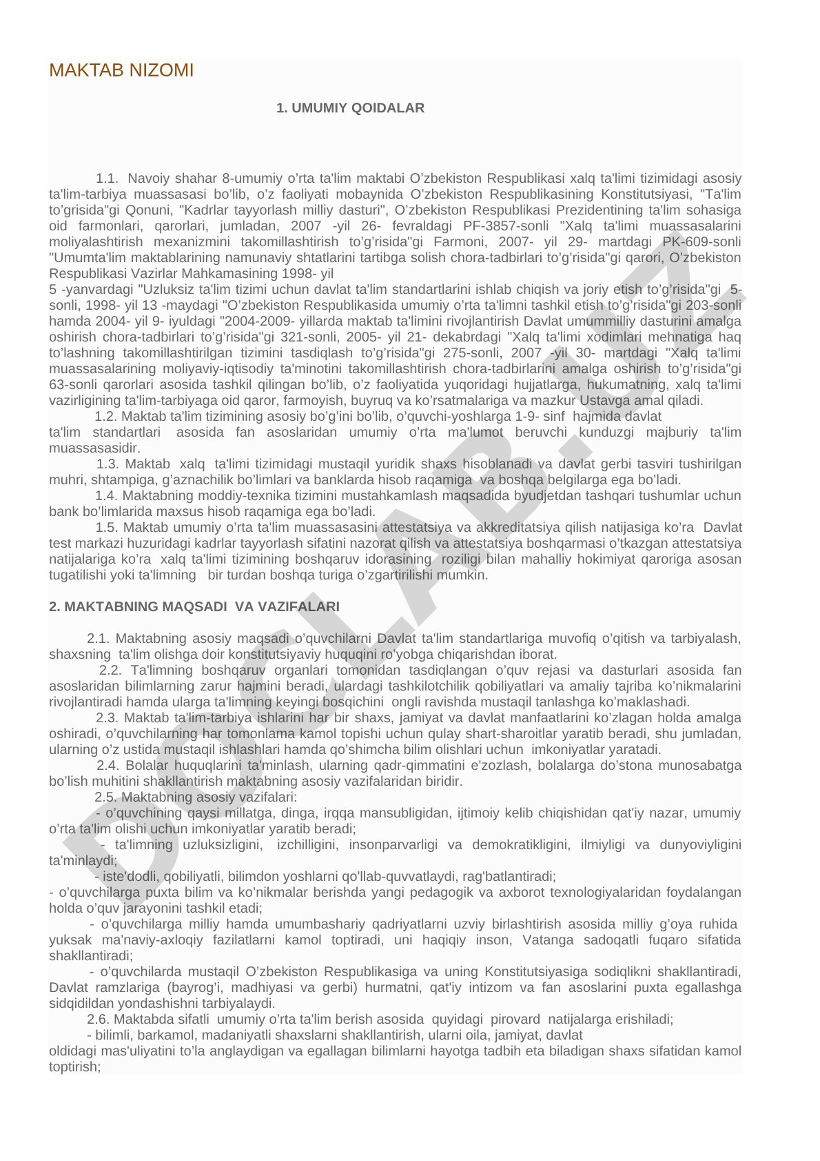 Navoiy shahar 8-umumiy o'rta ta'lim maktabi nizomi