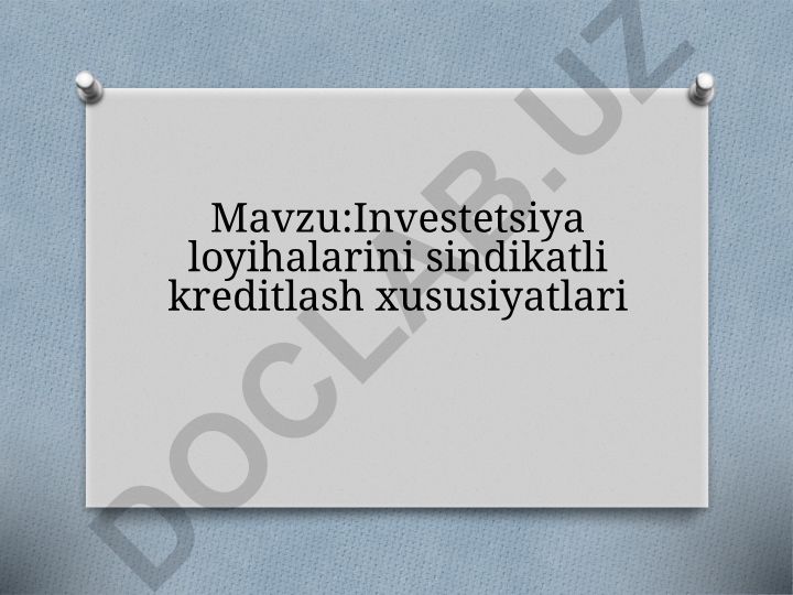 Investetsiya loyihalarini sindikatli kreditlash xususiyatlari