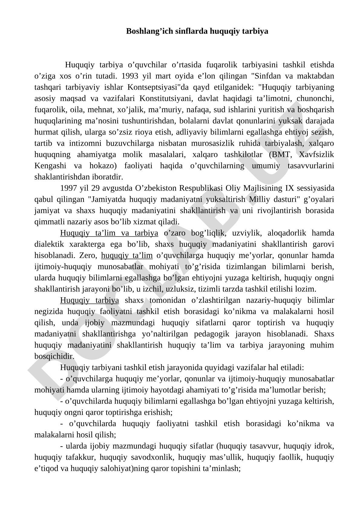 Boshlang'ich sinflarda huquqiy tarbiya