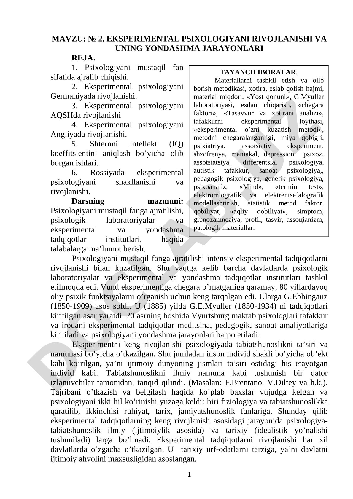 Eksperimental psixologiyani rivojlanishi va uning yondashma jarayonlari