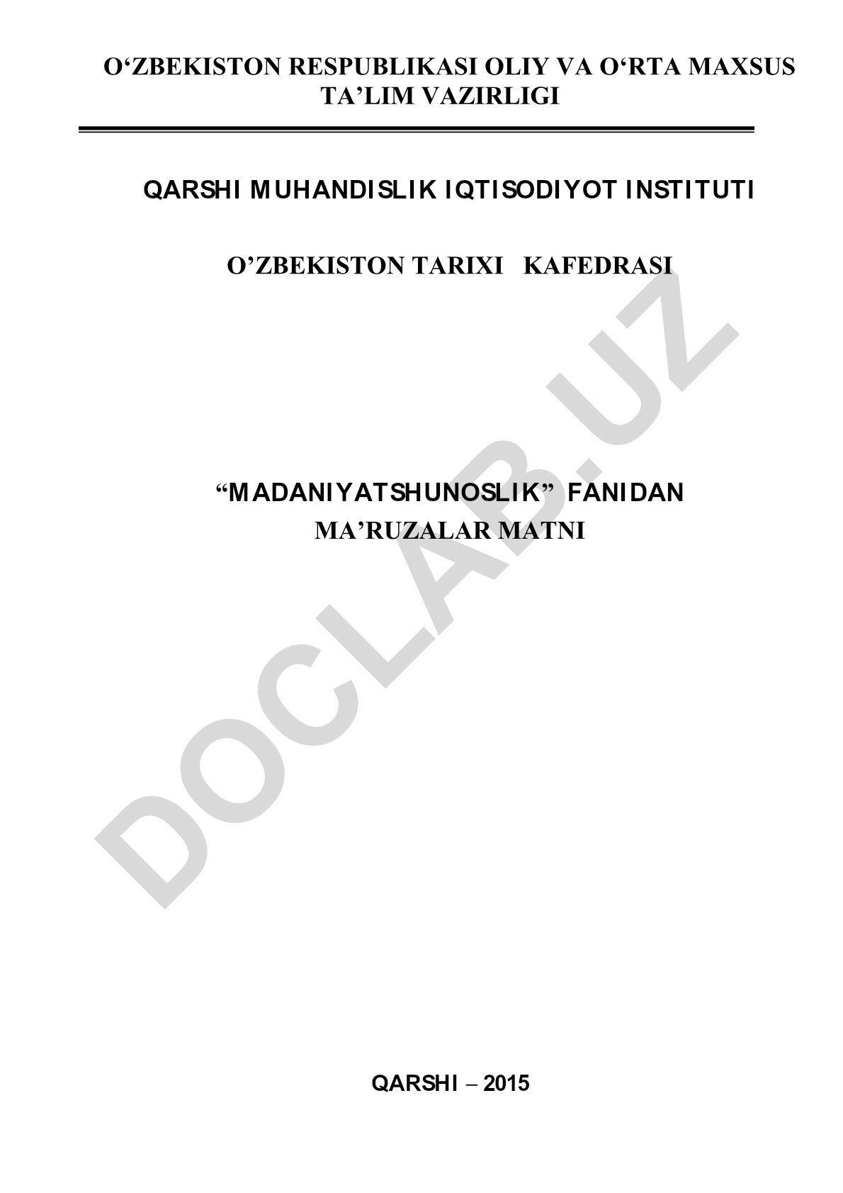 Madaniyatshunoslik fanidan ma'ruzalar matni