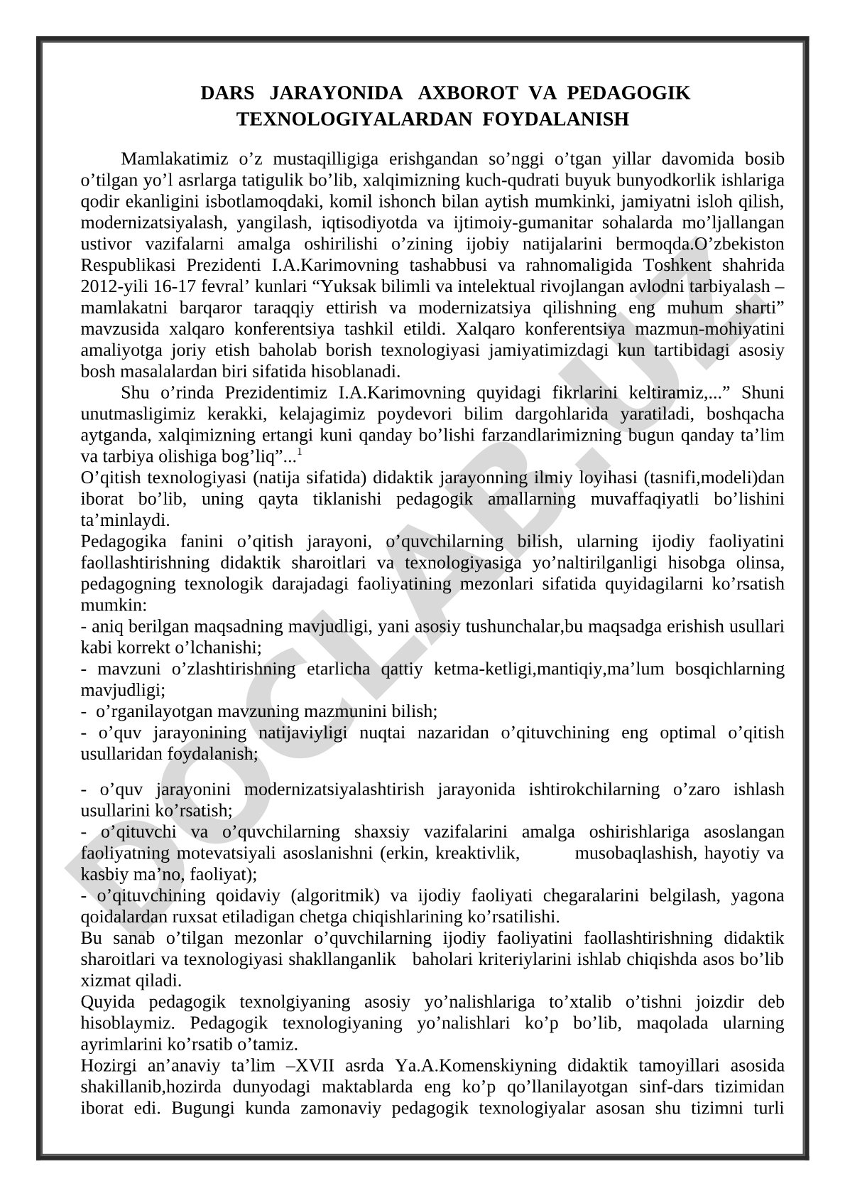 Dars jarayonida axborot va pedagogik texnologiyalardan foydalanish