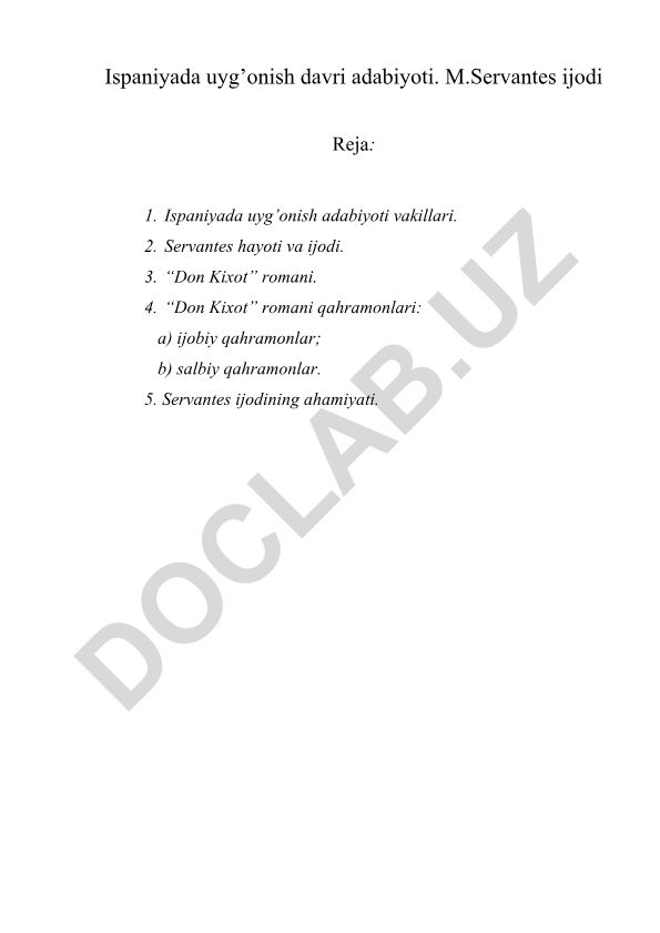Ispaniyada uyg'onish davri adabiyoti va M.Servantes ijodi