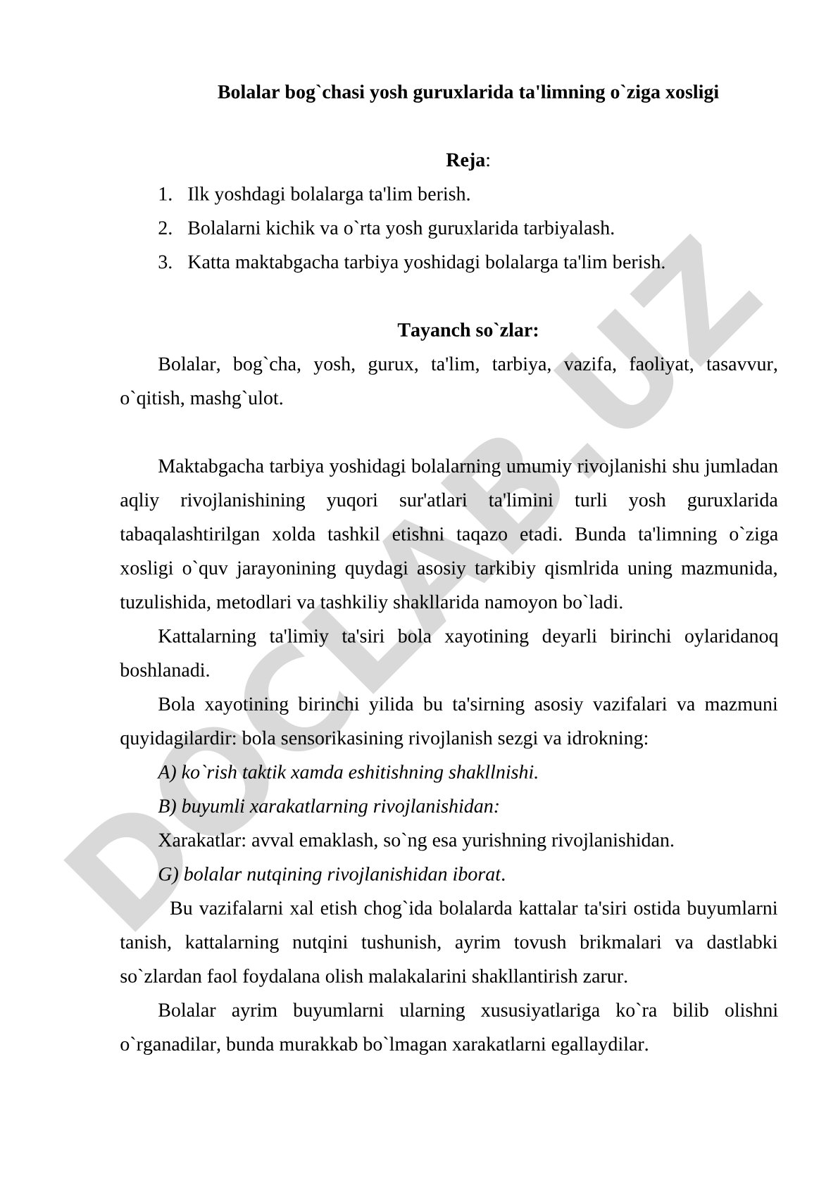 Bolalar bog'chasi yosh guruhlarida ta'limning o'ziga xosligi
