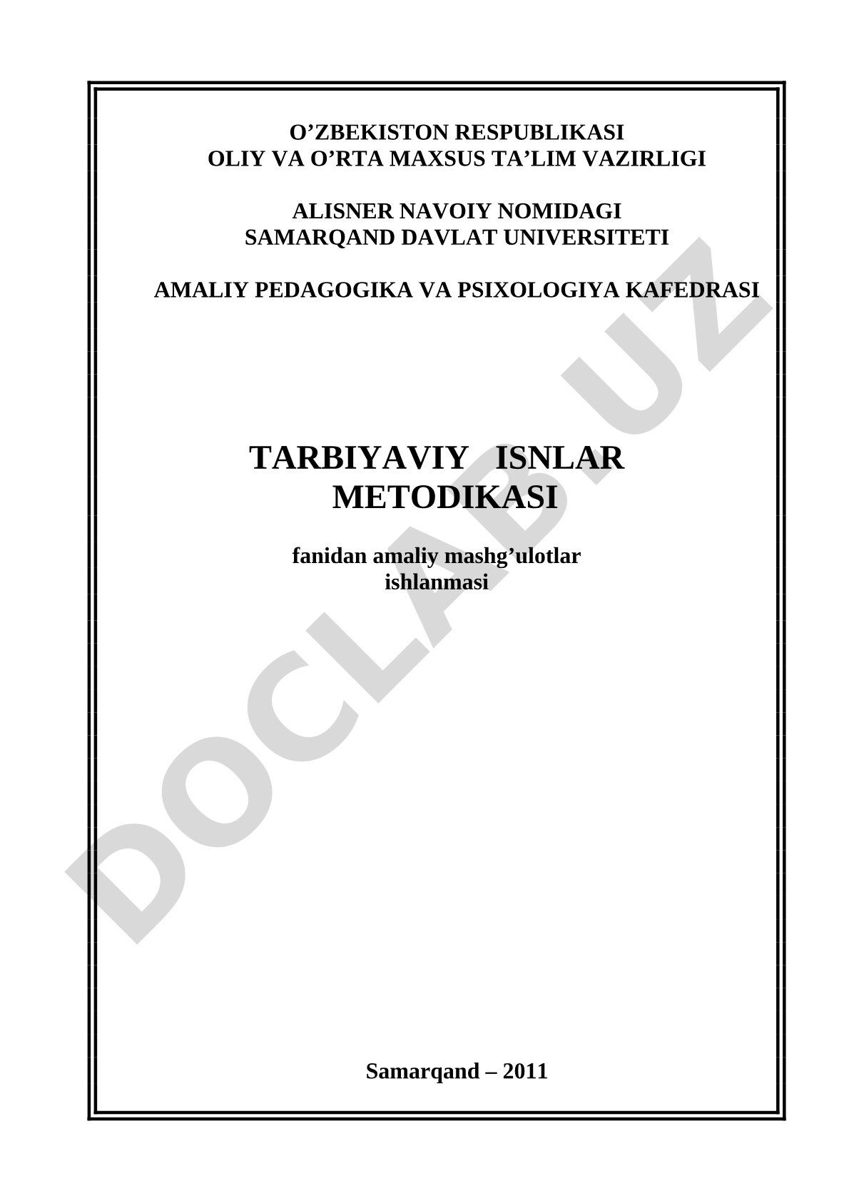 Tarbiyaviy ishlar metodikasi fanidan amaliy mashg'ulotlar ishlanmasi