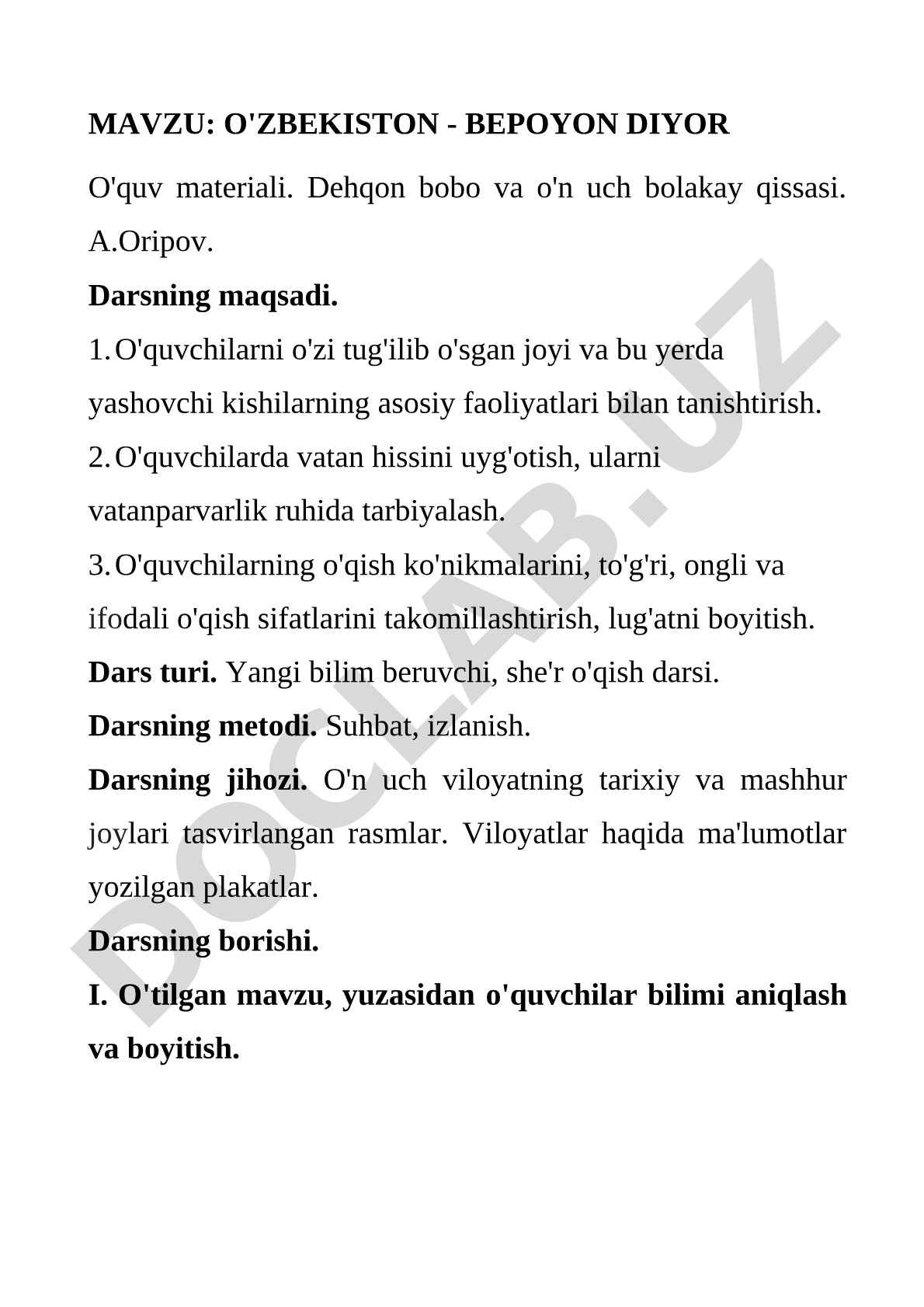 O'zbekiston - bepoyon diyor o'quv materiali