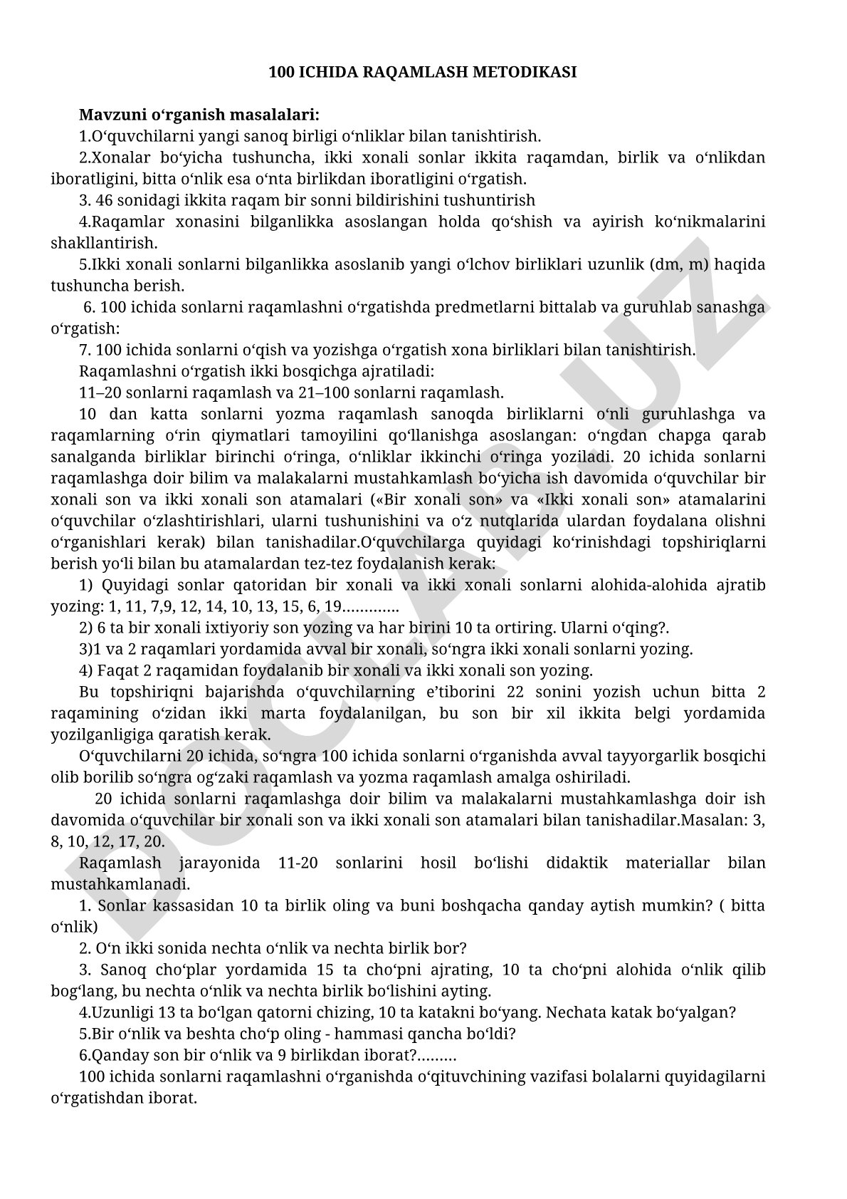 100 ichida raqamlash metodikasi