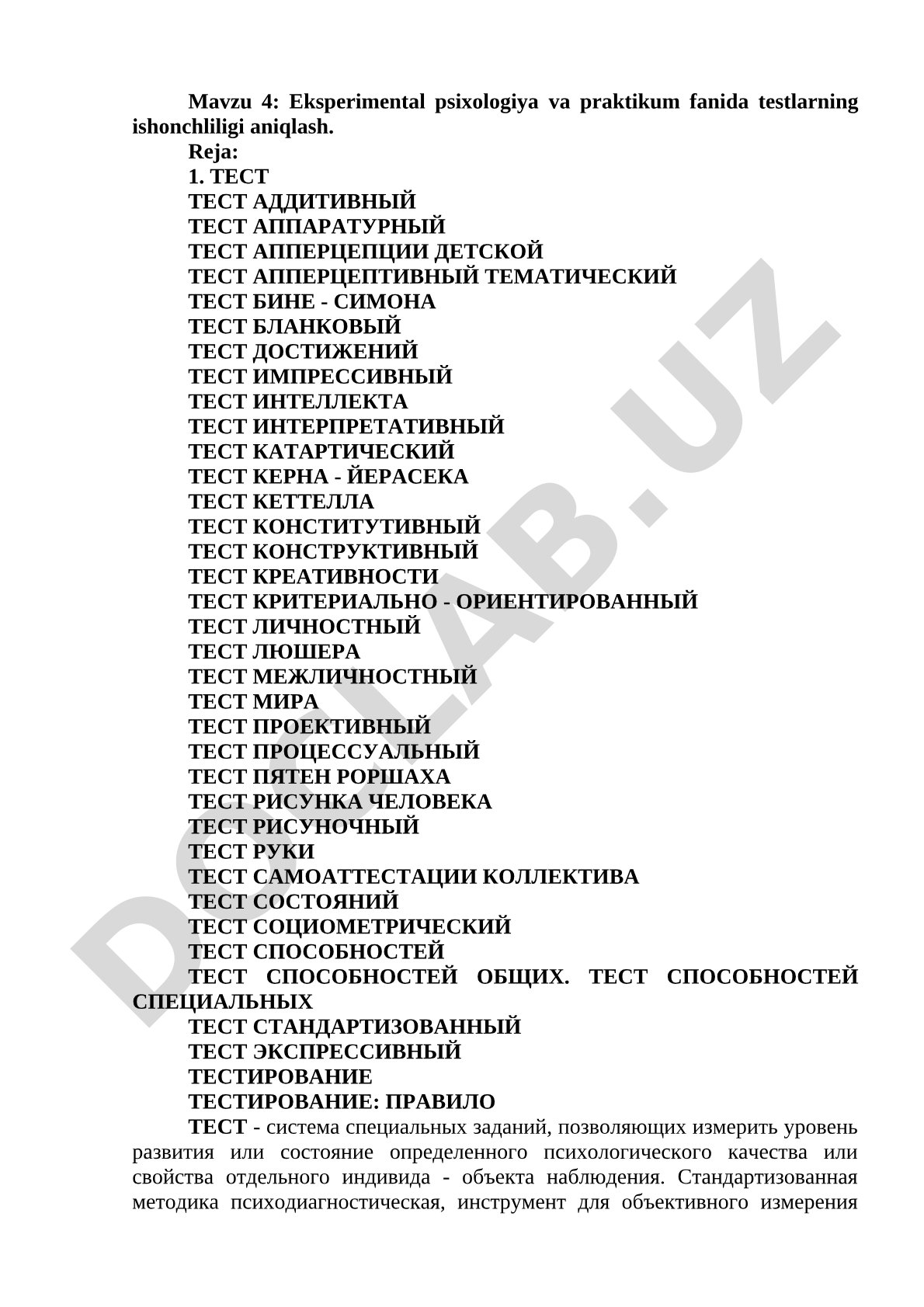 Eksperimental psixologiya va praktikum fanida testlarning ishonchliligi aniqlash