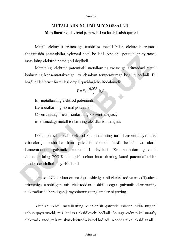Metallarning elektrod potensiali va kuchlanish qatori