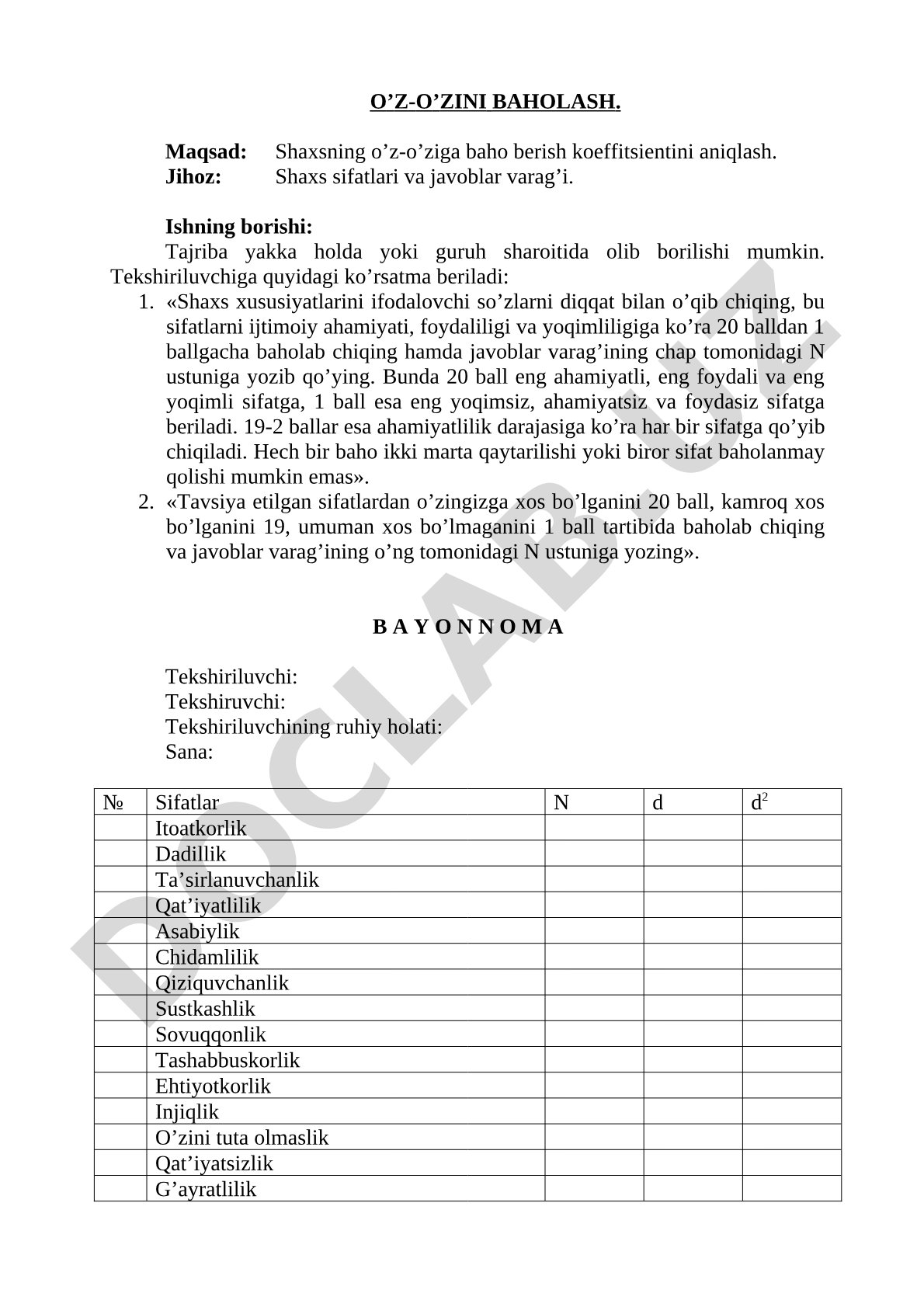 O'z-o'zini baholash metodikasi
