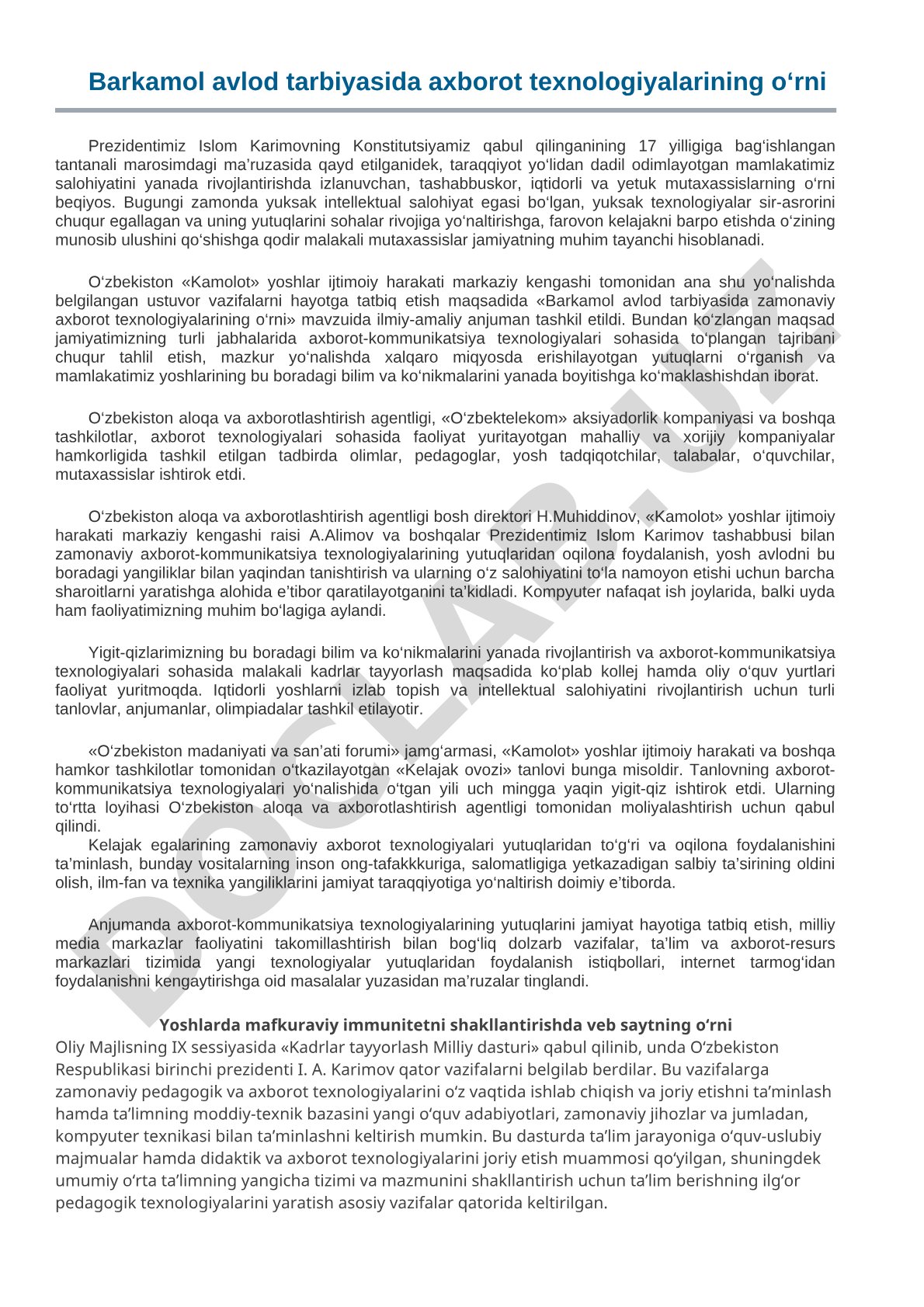 Barkamol avlod tarbiyasida axborot texnologiyalarining o‘rni