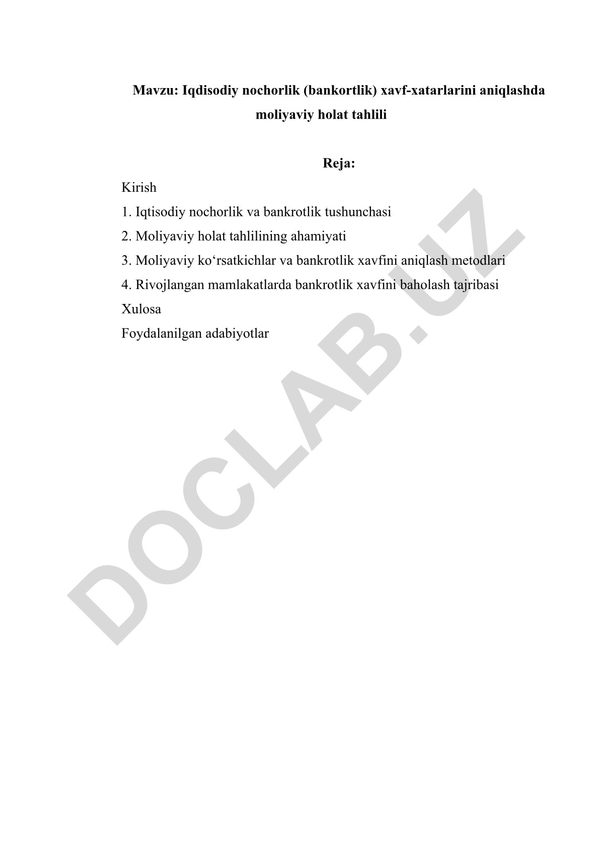 Iqdisodiy nochorlik (bankortlik) xavf-xatarlarini aniqlashda moliyaviy holat tahlili