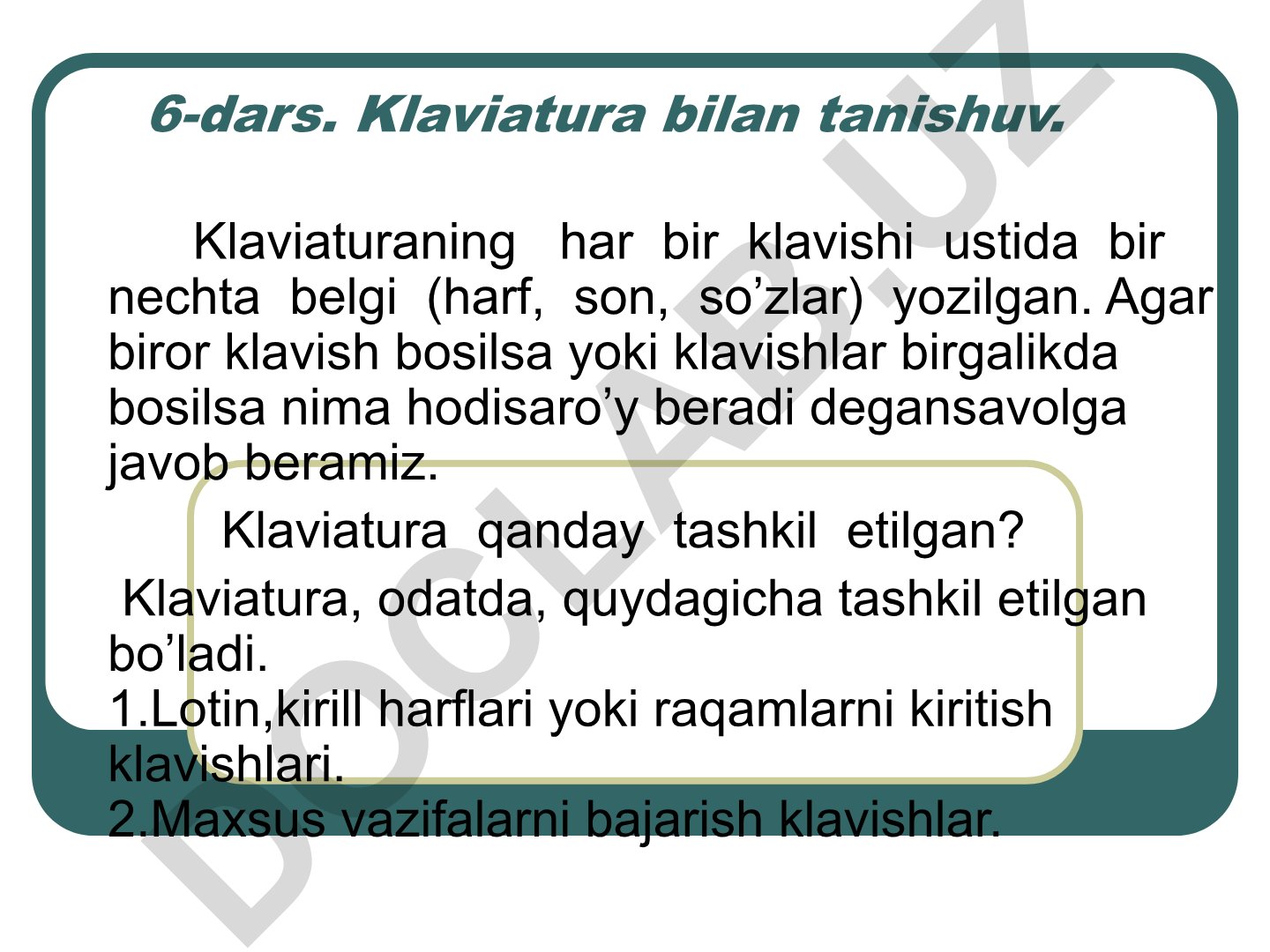 Klaviatura bilan tanishuv va uning tashkil etilishi