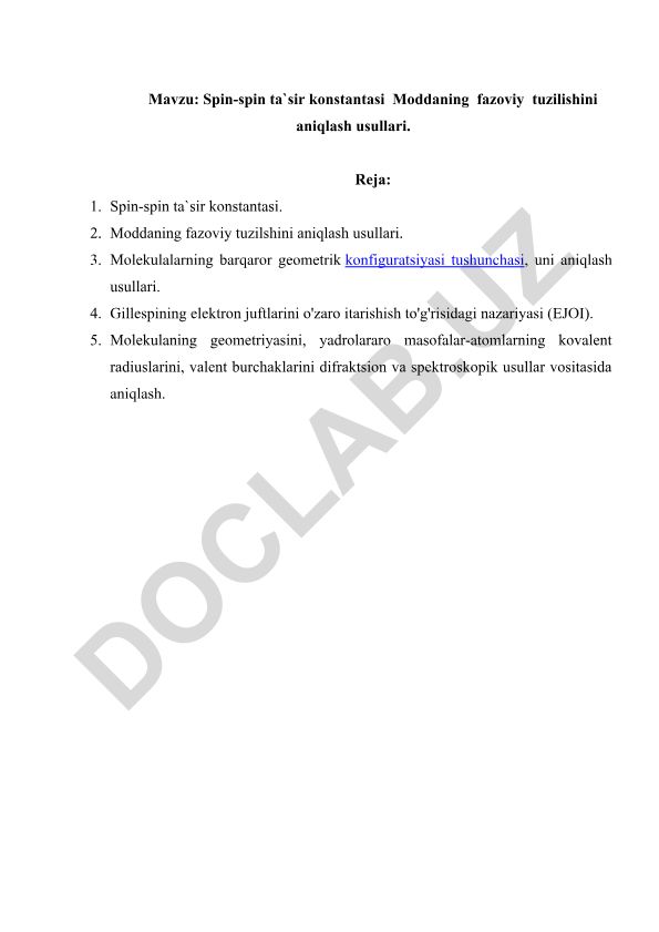 Spin-spin ta'sir konstantasi va moddaning fazoviy tuzilishini aniqlash usullari