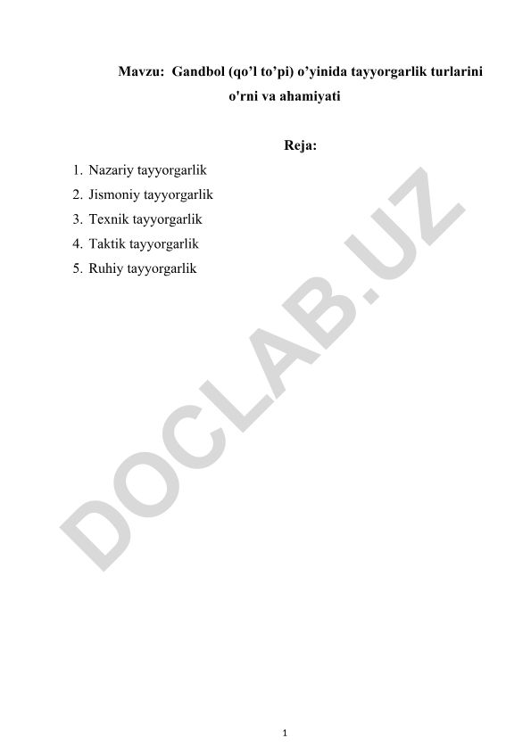 Gandbol (qo’l to’pi) o’yinida tayyorgarlik turlari