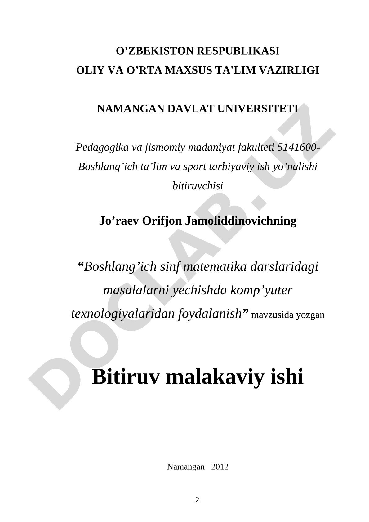 Boshlang'ich sinf matematika darslaridagi masalalarni yechishda kompyuter texnologiyalaridan foydalanish