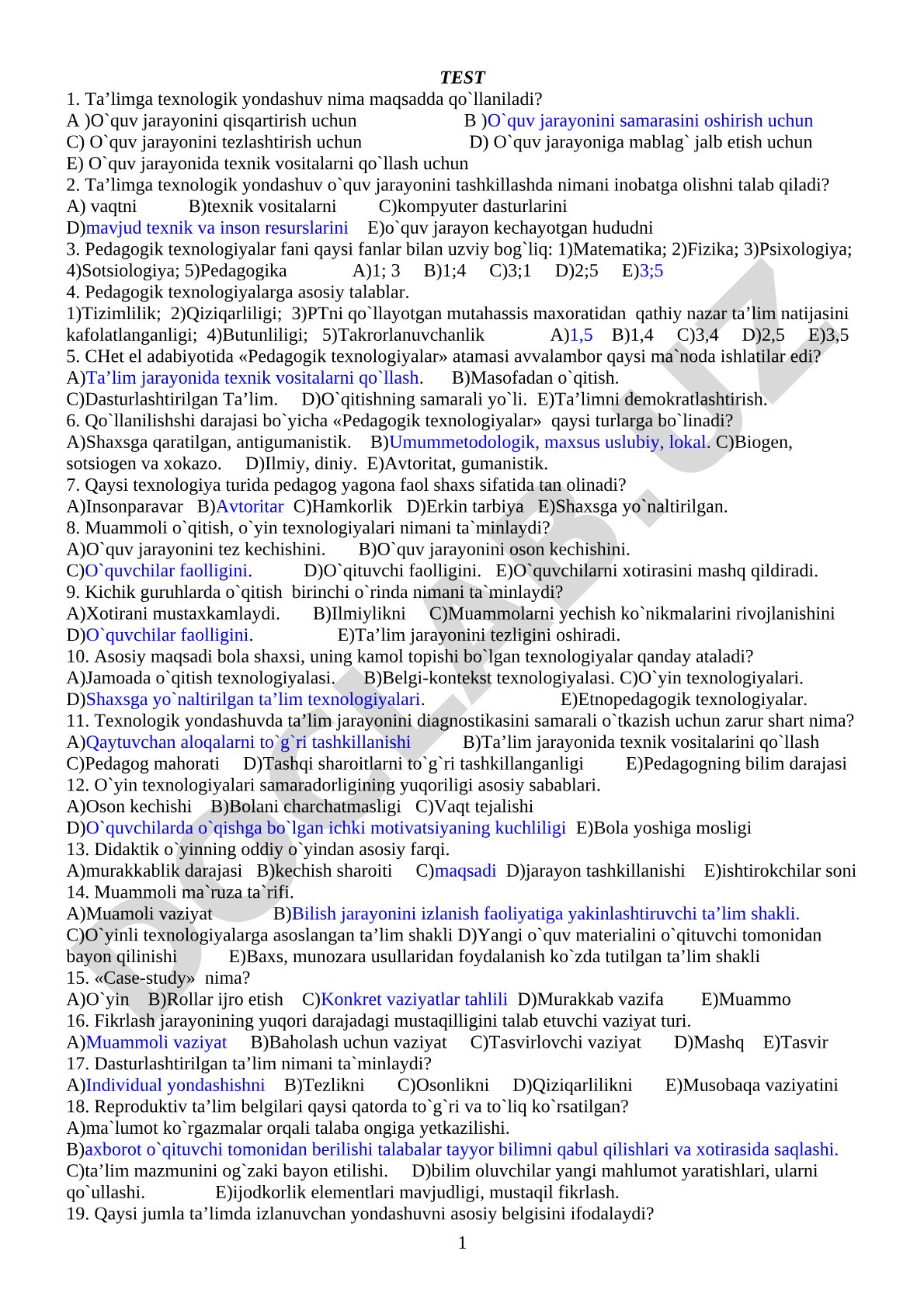 Pedagogik texnologiyalar fanidan test savollari