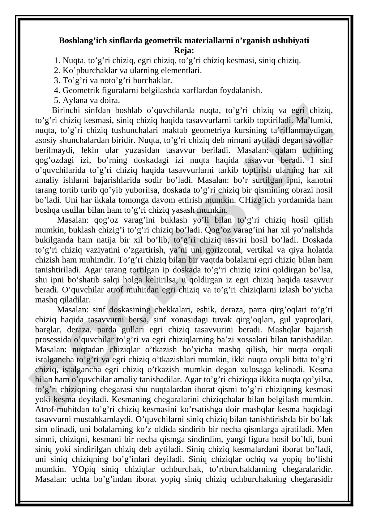 Boshlang'ich sinflarda geometrik materiallarni o'rganish uslubiyati