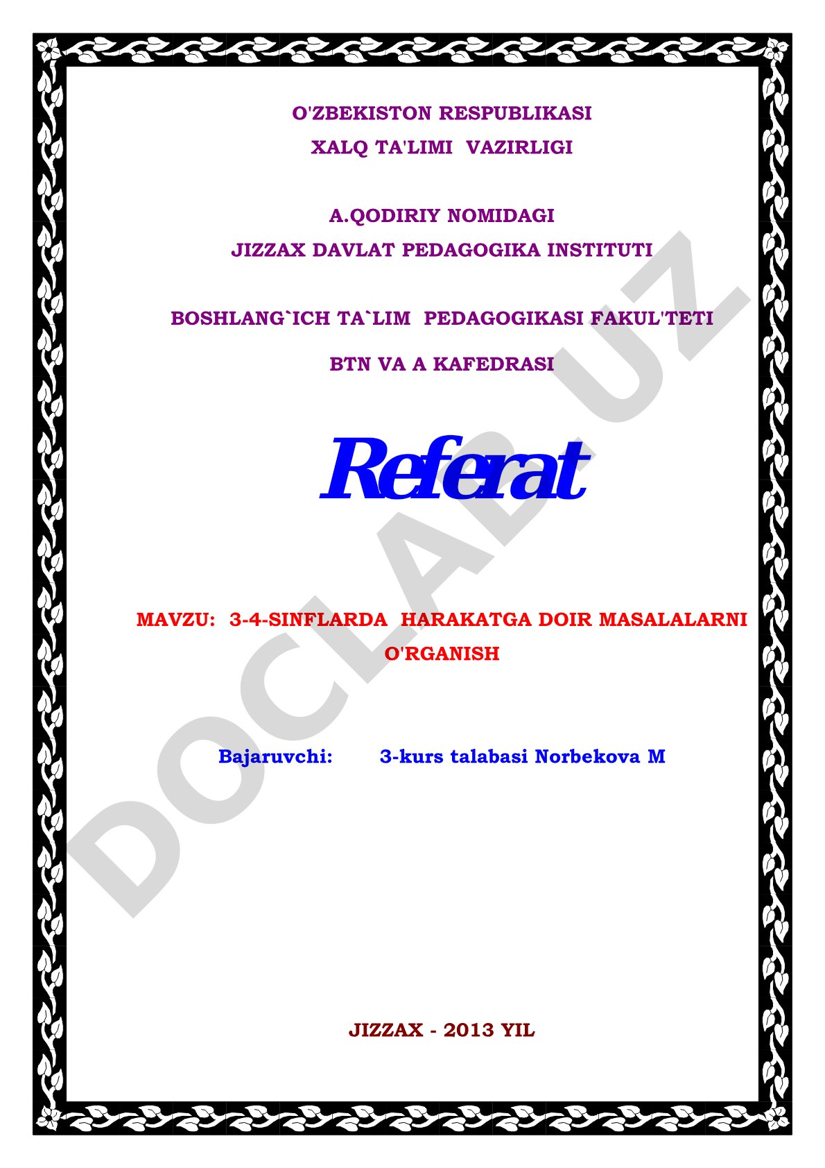 3-4-sinflarda harakatga doir masalalarni o'rganish