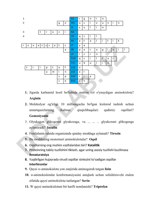 Aminokislotalar va oqsillar biokimyosi test savollari
