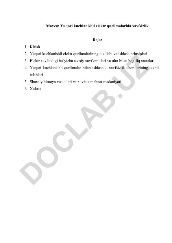 Yuqori kuchlanishli elektr qurilmalarida xavfsizlik