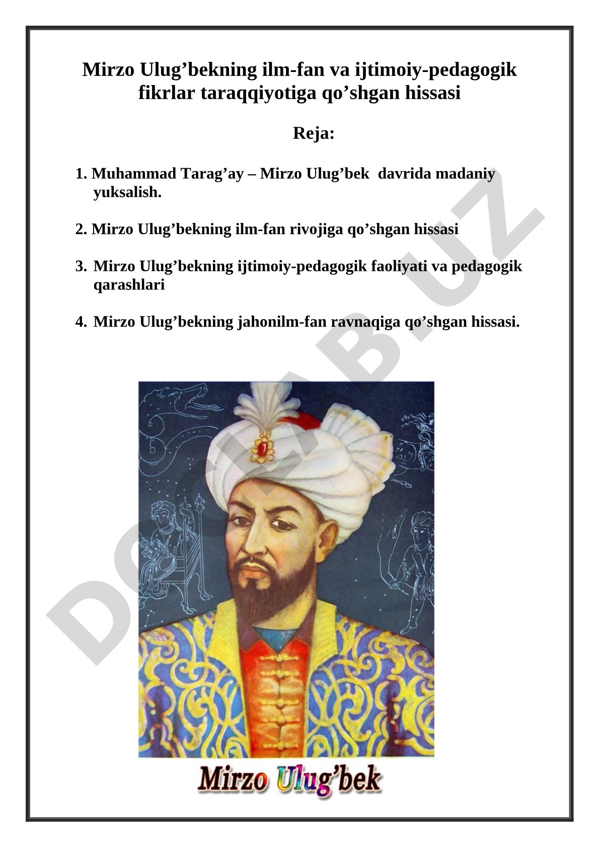 Mirzo Ulug'bekning ilm-fan va ijtimoiy-pedagogik fikrlar taraqqiyotiga qo'shgan hissasi