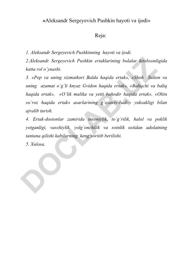 Aleksandr Sergeyevich Pushkin hayoti va ijodi
