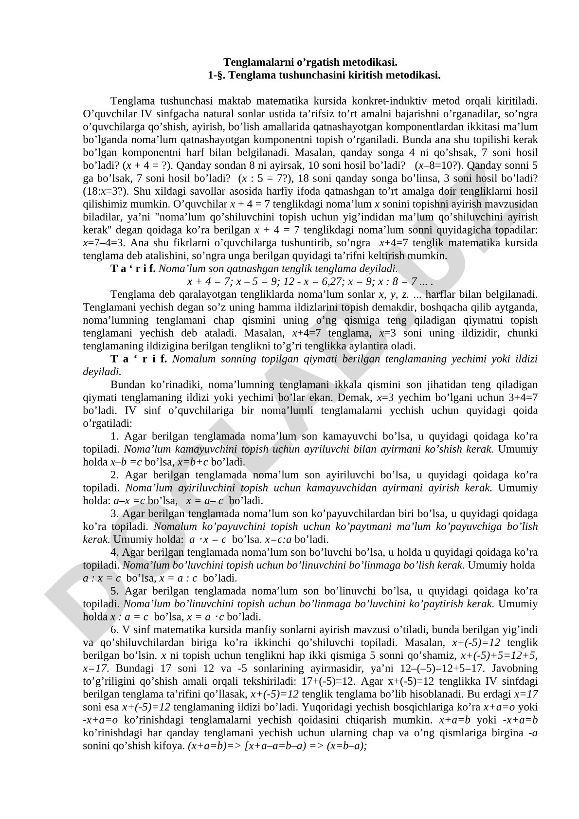 Tenglamalarni o'rgatish metodikasi