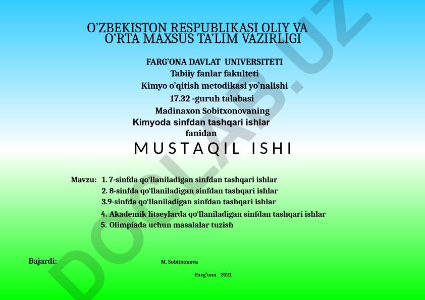 7-9-sinflarda kimyodan sinfdan tashqari ishlar