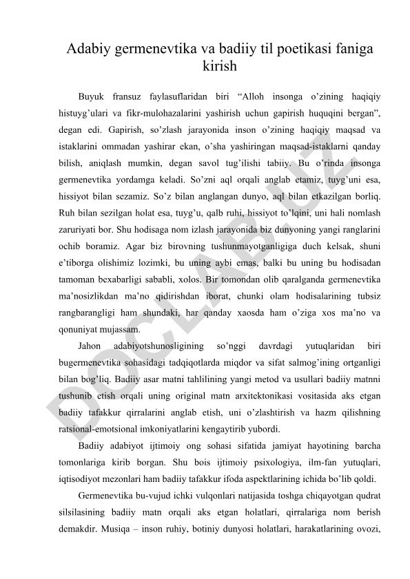 Adabiy germenevtika va badiiy til poetikasi faniga kirish
