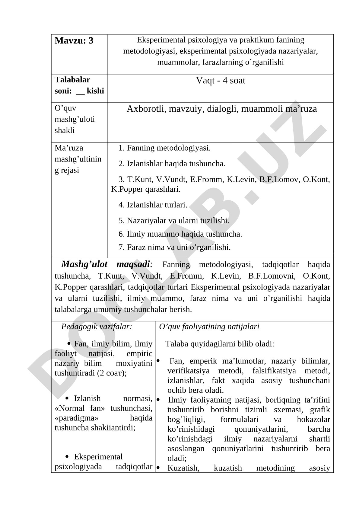 Eksperimental psixologiya va praktikum fanining metodologiyasi, eksperimental psixologiyada nazariyalar, muammolar, farazlarning o‘rganilishi