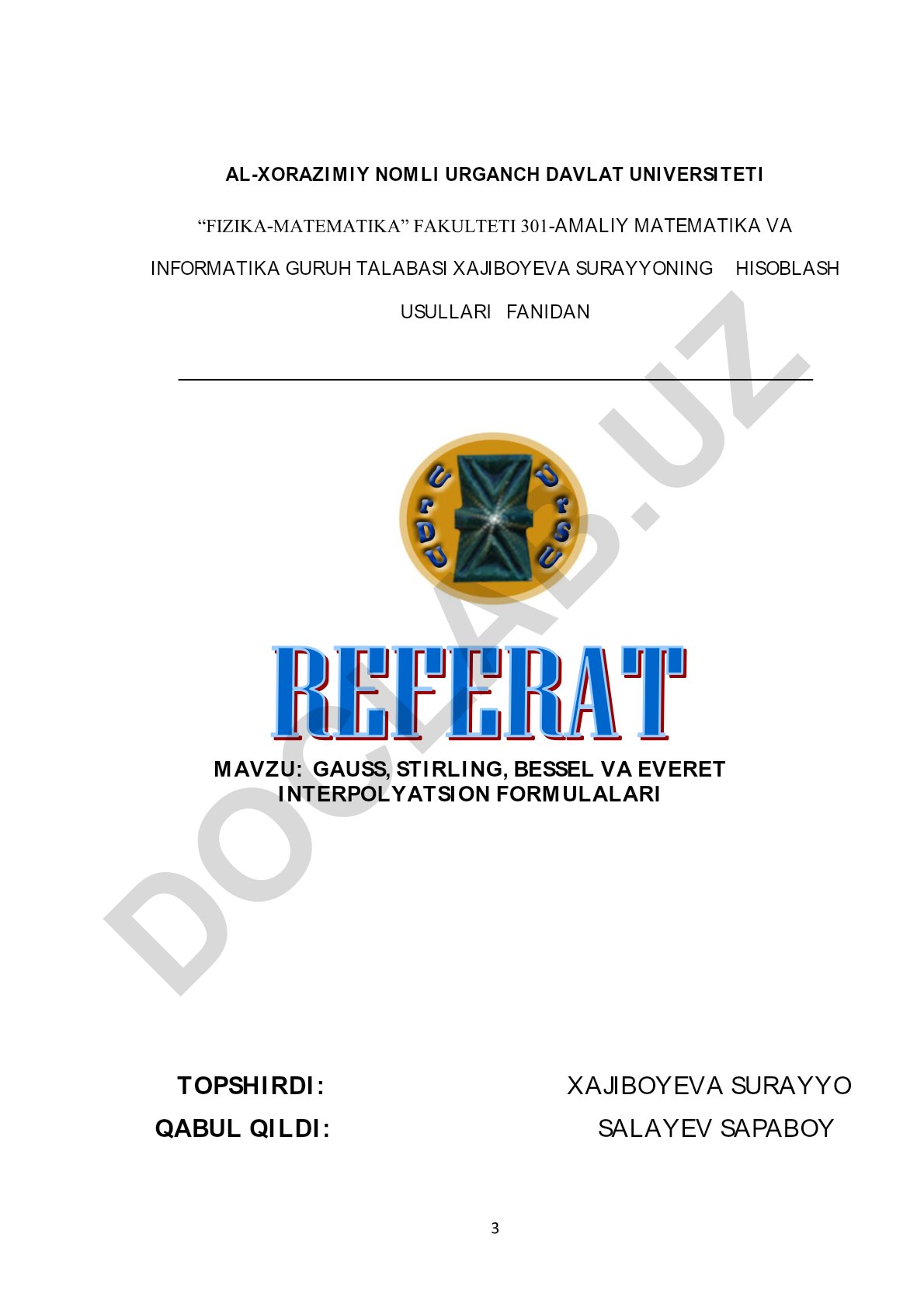Gauss, Stirling, Bessel va Everett interpolyatsion formulalari