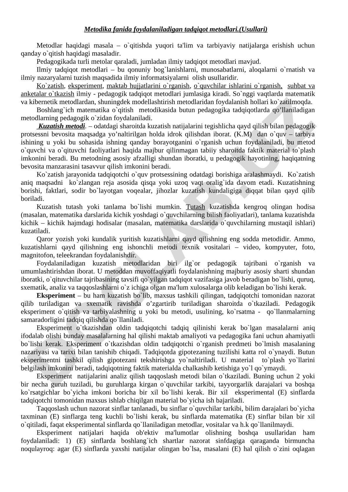 Metodika fanida foydalaniladigan tadqiqot metodlari