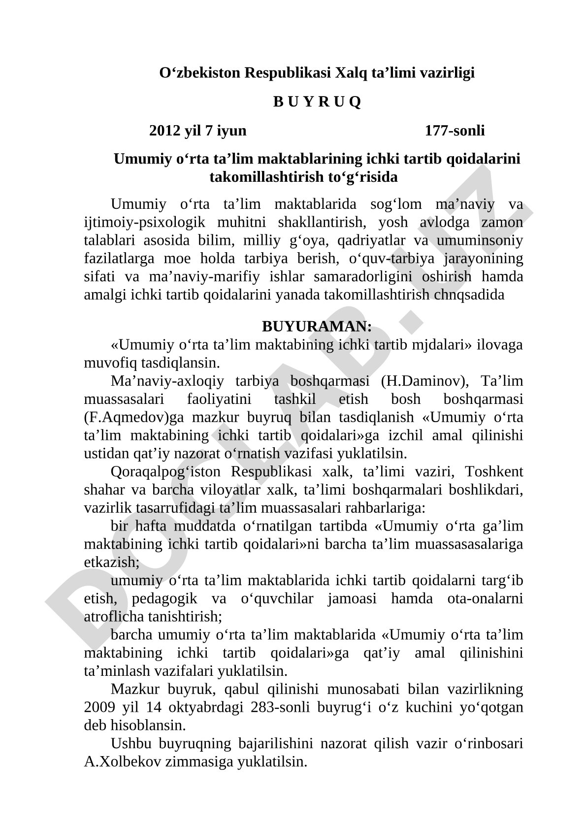 Umumiy o‘rta ta’lim maktabining ichki tartib qoidalari