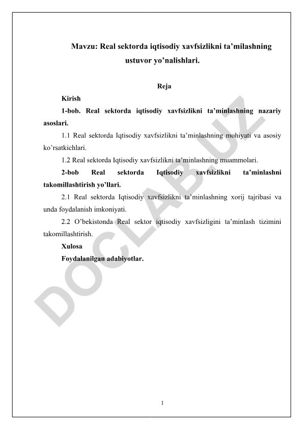 Real sektorda iqtisodiy xavfsizlikni ta’milashning ustuvor yo’nalishlari