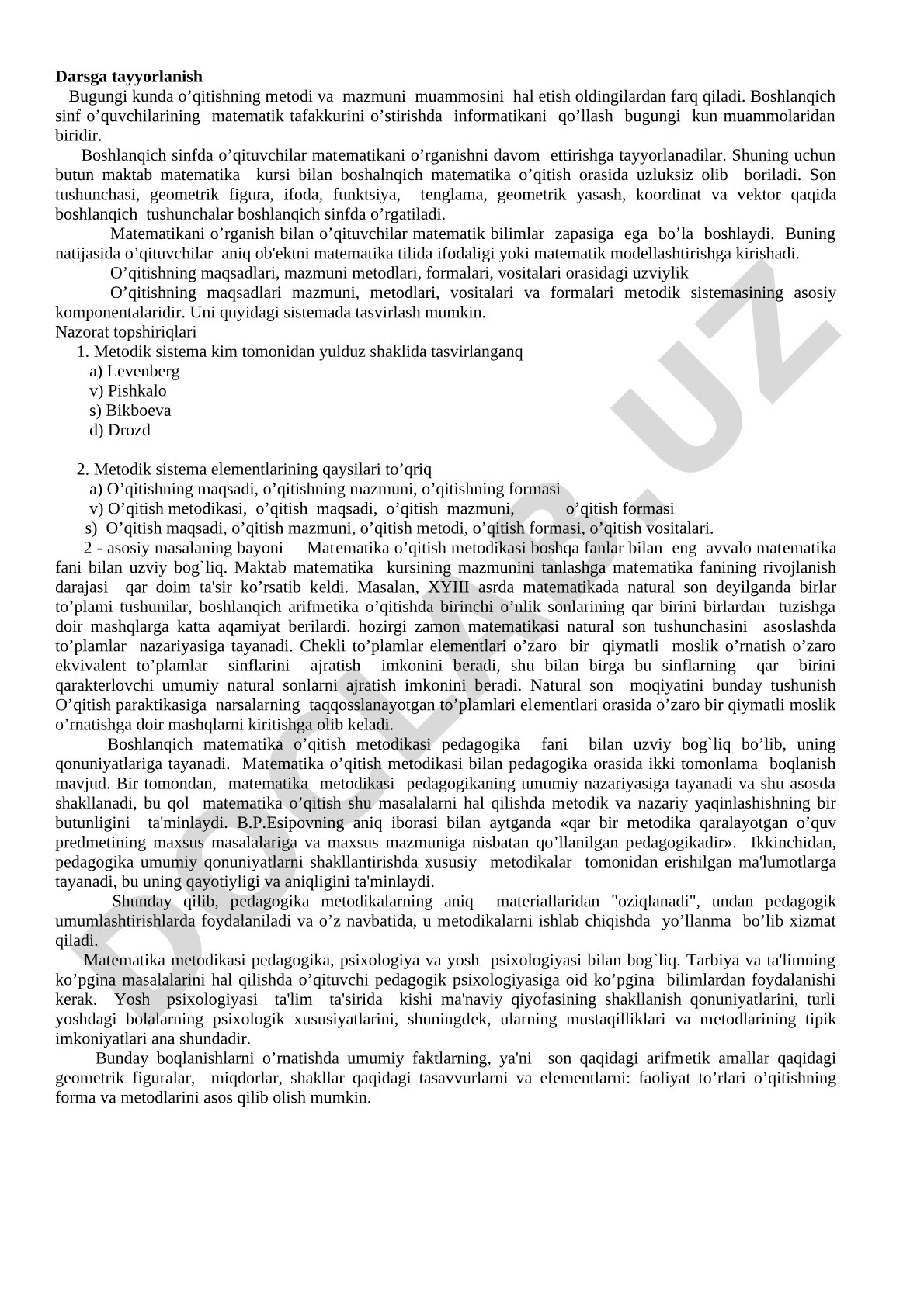 Boshlang'ich sinfda matematika o'qitish metodikasi