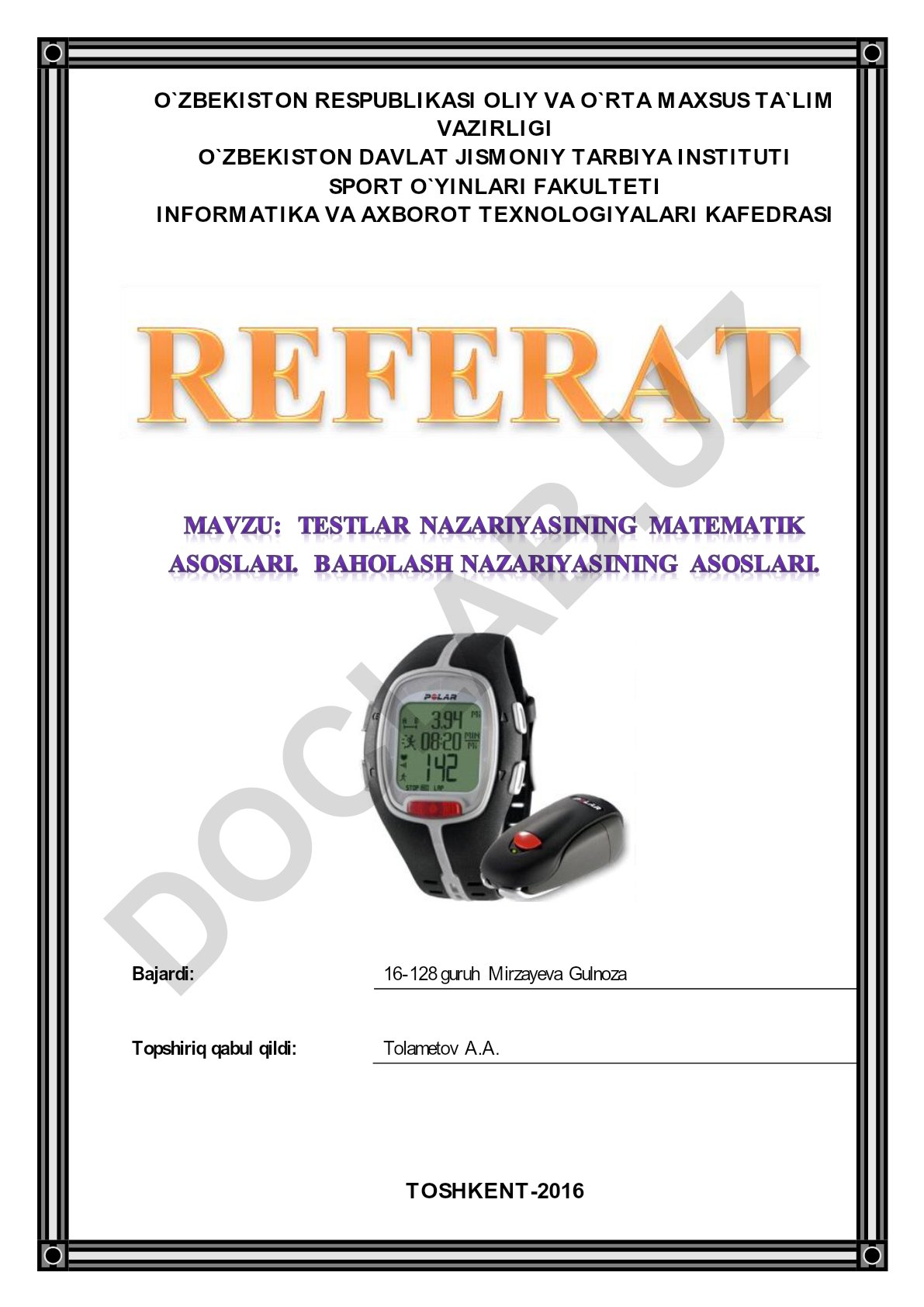 Testlar nazariyasining matematik asoslari. Baholash nazariyasining asoslari