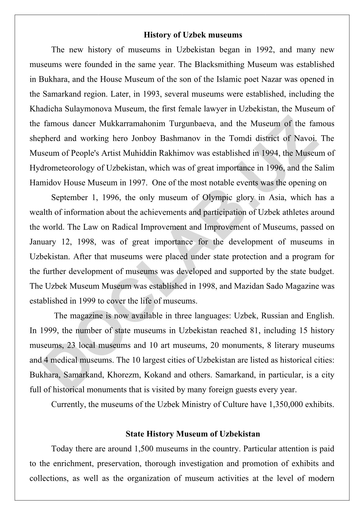 History of Uzbek museums development since 1992