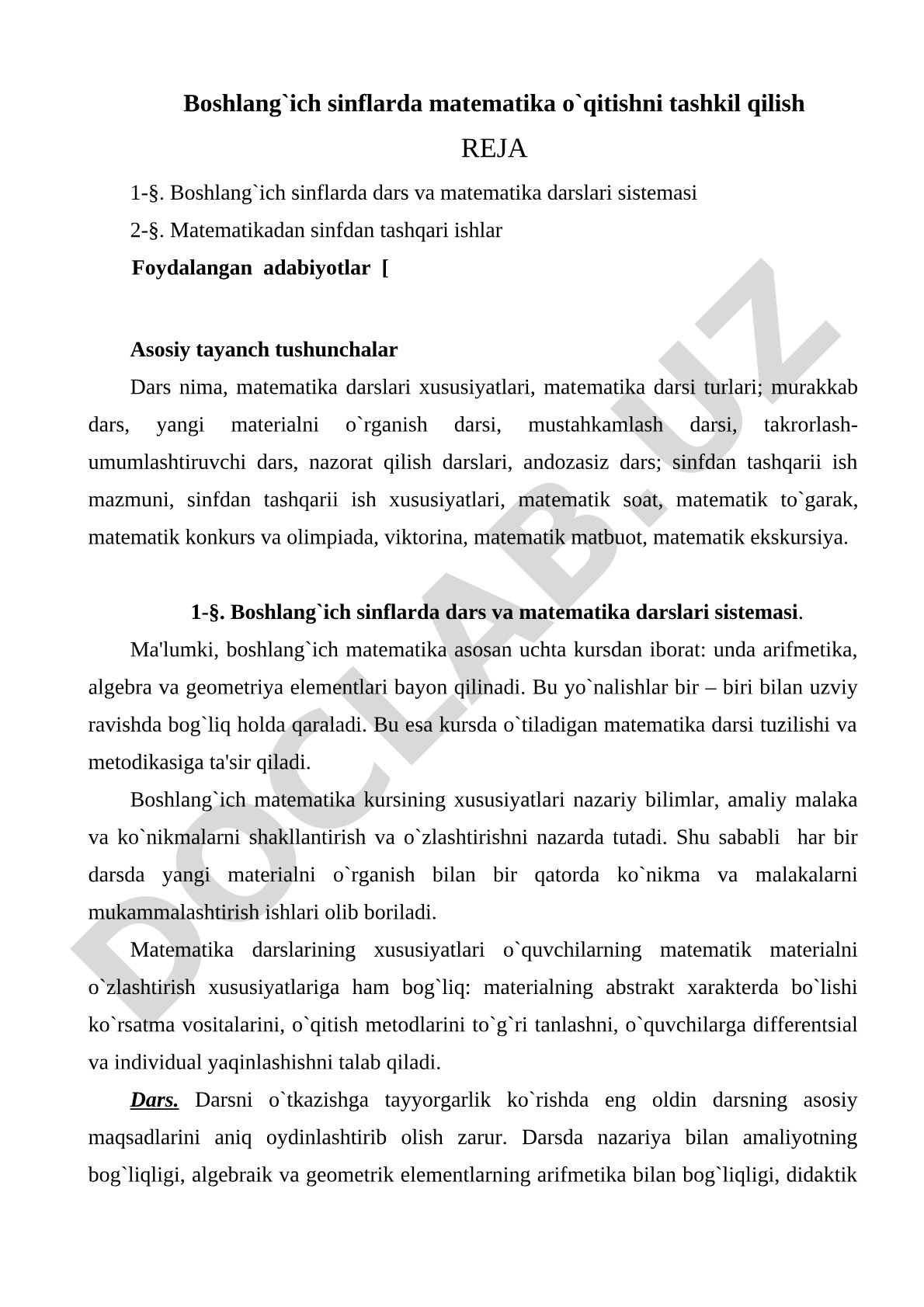 Boshlang'ich sinflarda matematika o'qitishni tashkil qilish