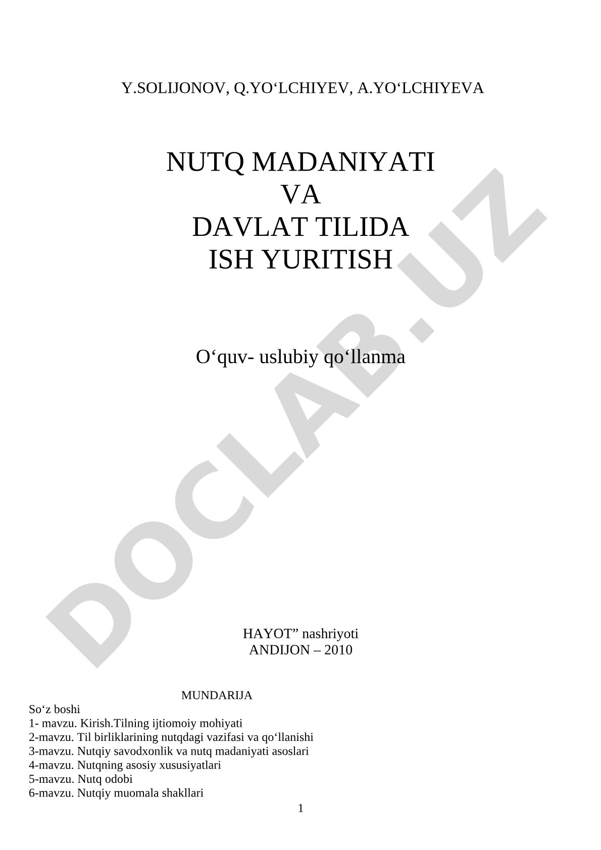 Nutq madaniyati va davlat tilida ish yuritish