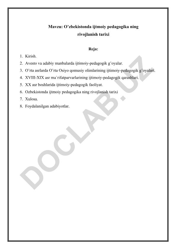 O’zbekistonda ijtmoiy pedagogika ning rivojlanish tarixi